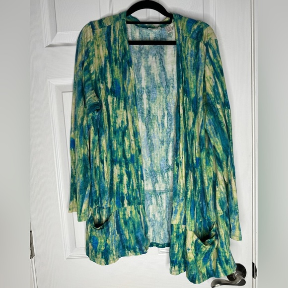 LOGO LORI GOLDSTEIN Blue Green Watercolor Mother Of Pearl Button Up Cardigan 1X - Picture 1 of 5